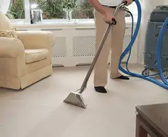 Carpet cleaning professional removing dirt and stains with a hot-water extraction tool in a home, Dover, DE.