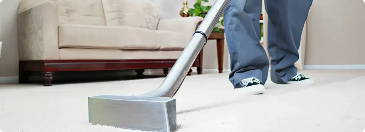 Carpet cleaning technician using a hot-water extraction wand on a light-colored carpet in a living room, Dover, DE.